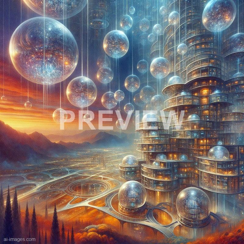 The image depicts a futuristic cityscape set against a mountainous landscape during sunset or sunrise, with warm orange and red hues in the sky. Tall, modern buildings with rounded, tiered structures and extensive glass facades dominate the scene, illuminated from within. Floating glass-like spheres of varying sizes hover above the city, creating a surreal, sci-fi atmosphere, with some spheres reflecting the city lights and sky, while others appear transparent and glowing. The city is interconnected by winding roads and circular platforms, adding to the advanced, utopian vibe of the scene.